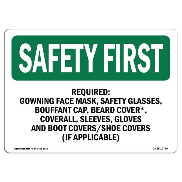 Signmission OSHA Sign, Required- Gowning Face Mask Glasses, 7in X 5in Decal, 7" W, 5" H, Landscape OS-SF-D-57-L-10719 - main